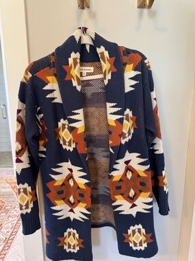 Lucky Brand Navy Open-Front Cardigan with Rust, Cream & Mustard Accents